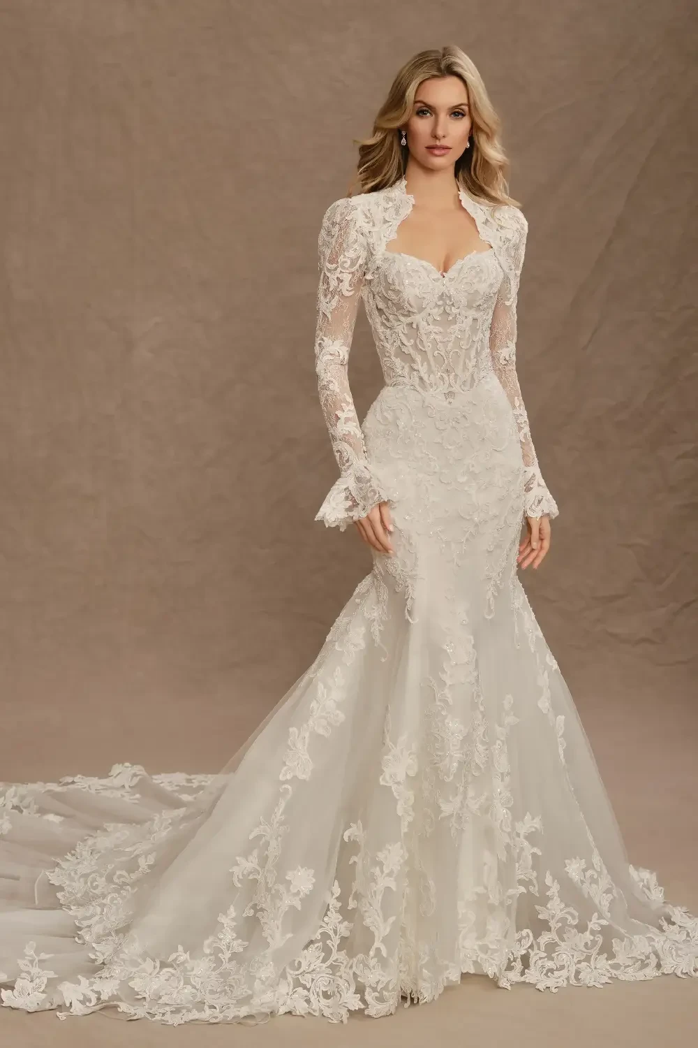 A woman in an elegant white lace wedding dress with long sleeves and a fitted silhouette, standing against a neutral background.