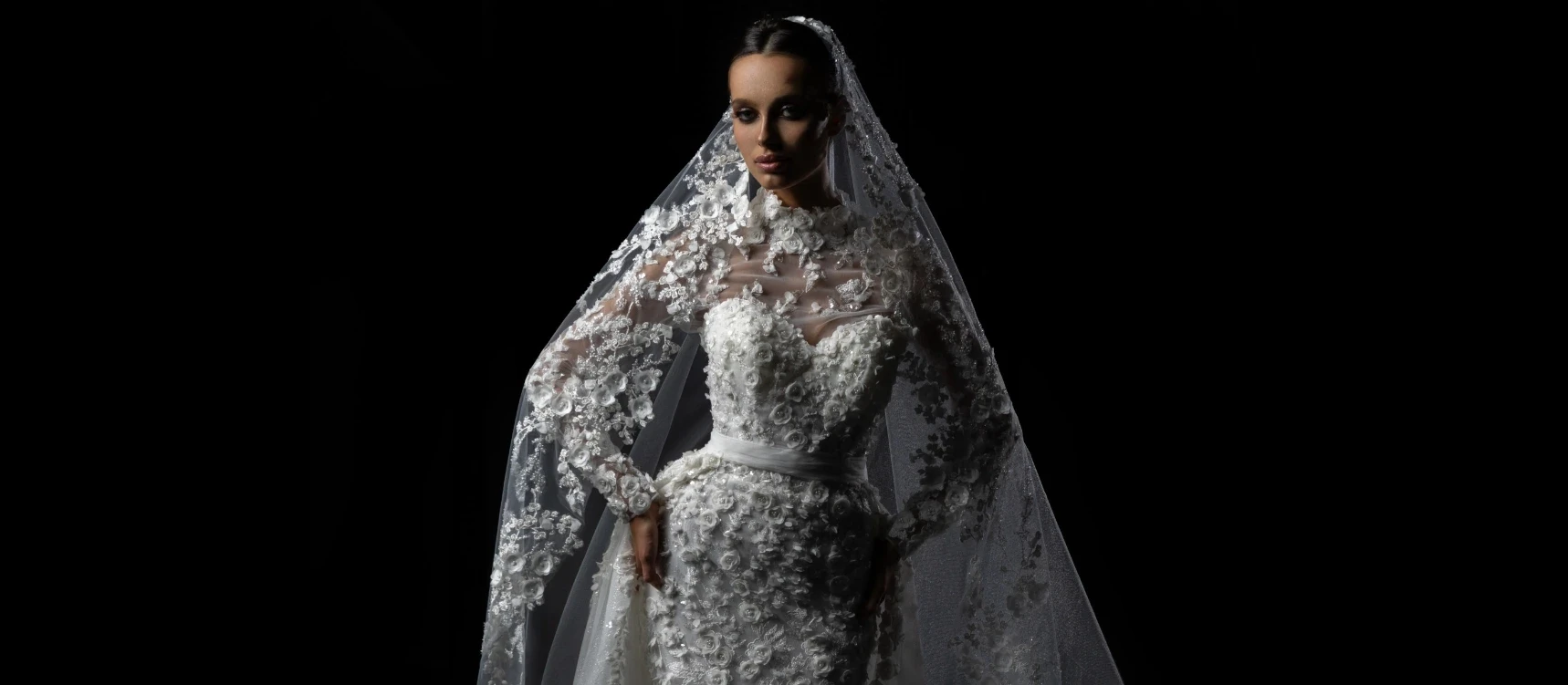 Model wearing a white bridal gown