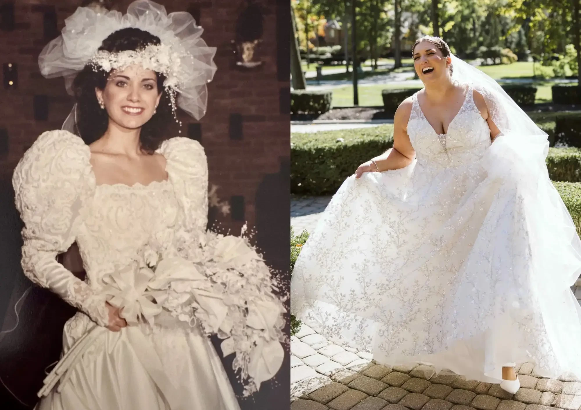 Nina Lucido and her mother Ann Lucido wearing wedding gowns